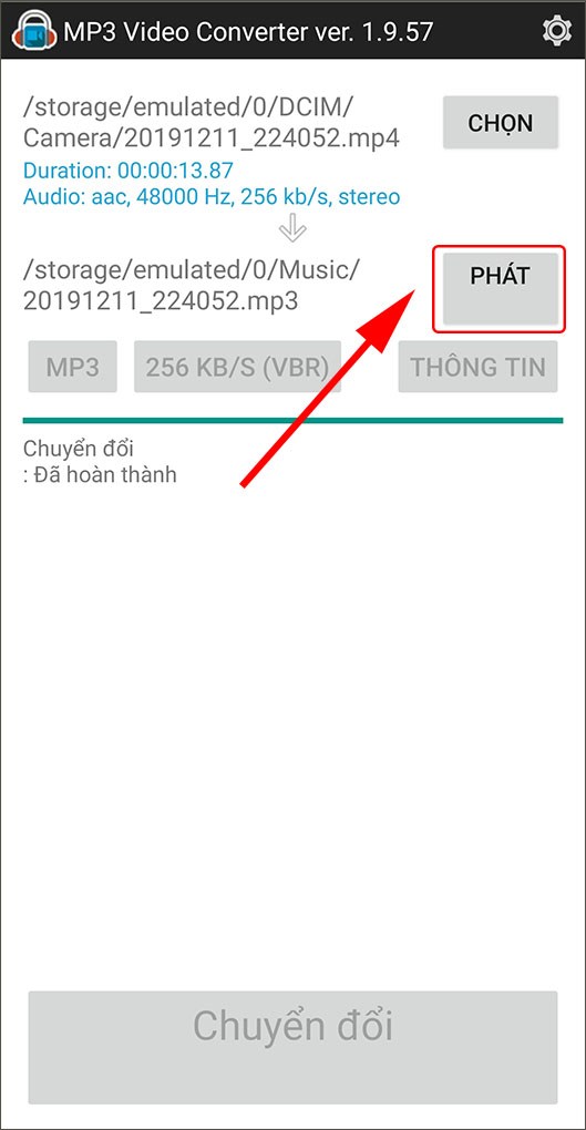 Phát file MP3 vừa chuyển đổi trên điện thoại