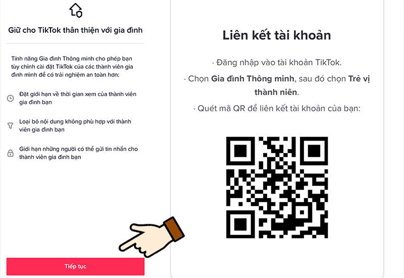 Nhấn Tiếp tục để nhận m&atilde; QR