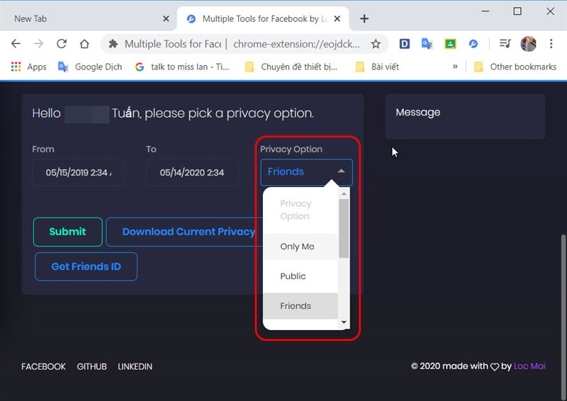 Tùy chọn chế độ Only me, Public, Friends, Friends of Friends, Custom và Reset from privacy