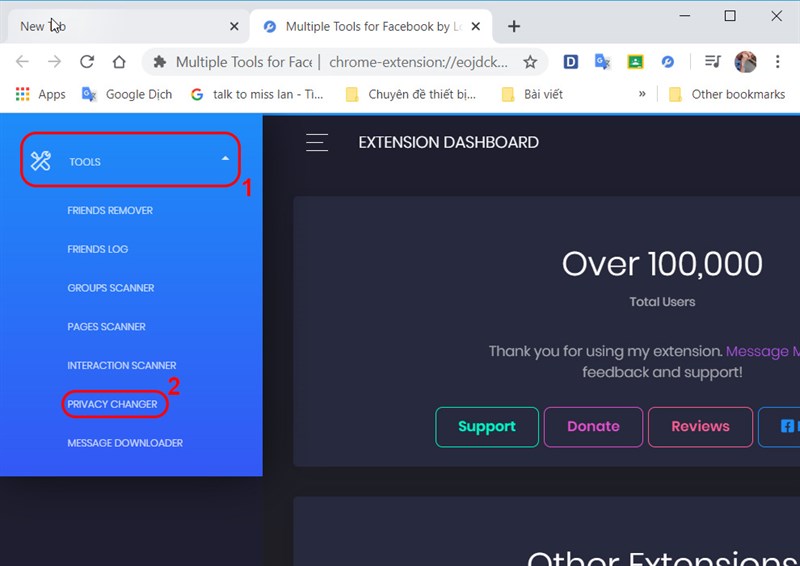nhấn vào mục Tools  và Chọn Privacy Changer.