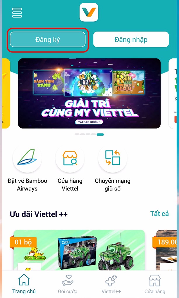 Mở ứng dụng My Viettel v&agrave; bấm v&agrave;o n&uacute;t Đăng k&yacute; để tạo t&agrave;i khoản.&nbsp;