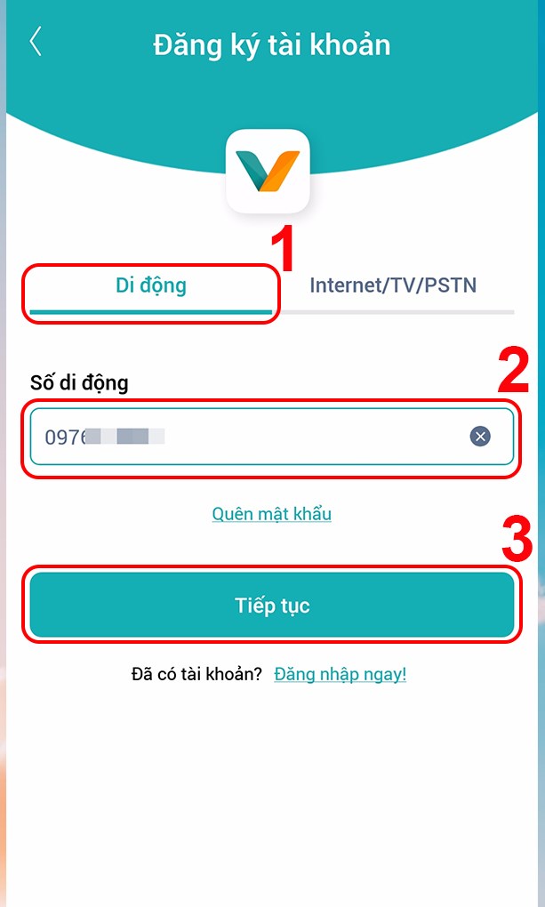 Chọn mục Di động nhập số điện thoại v&agrave; bấm v&agrave;o tiếp tục