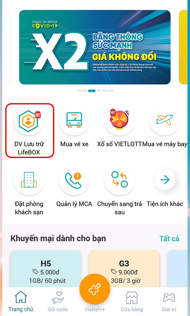 Đăng nhập ứng dụng bằng t&agrave;i khoản vừa tạo v&agrave; chọn mục Dịch Vụ Lưu Trữ LifeBOX