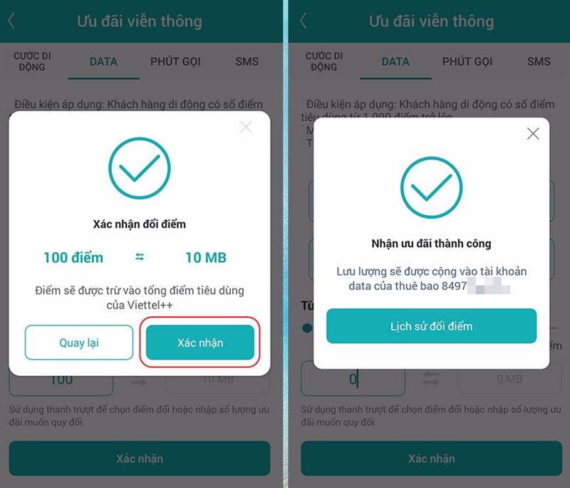 Sau đ&oacute;, bấm X&aacute;c nhận để đổi điểm thưởng th&agrave;nh Data.