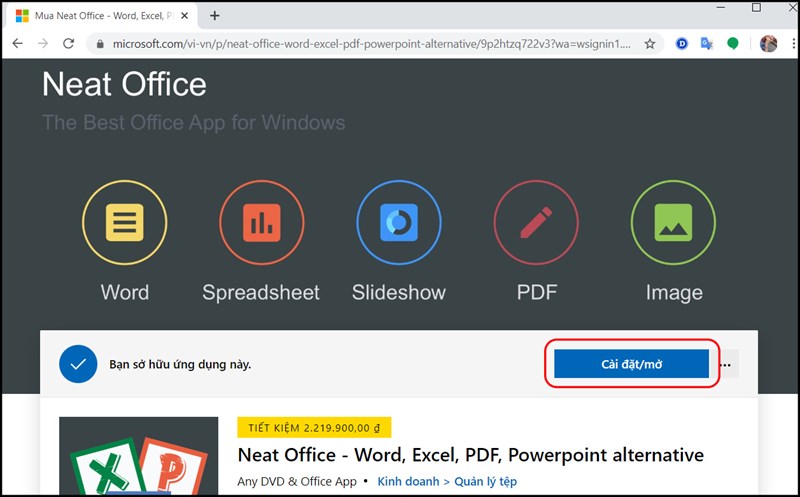 Nhấn vào Cài đặt/Mở.
