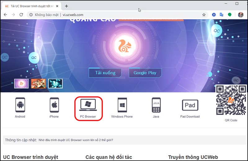 Chọn mục PC Browser để tải tr&igrave;nh duyệt