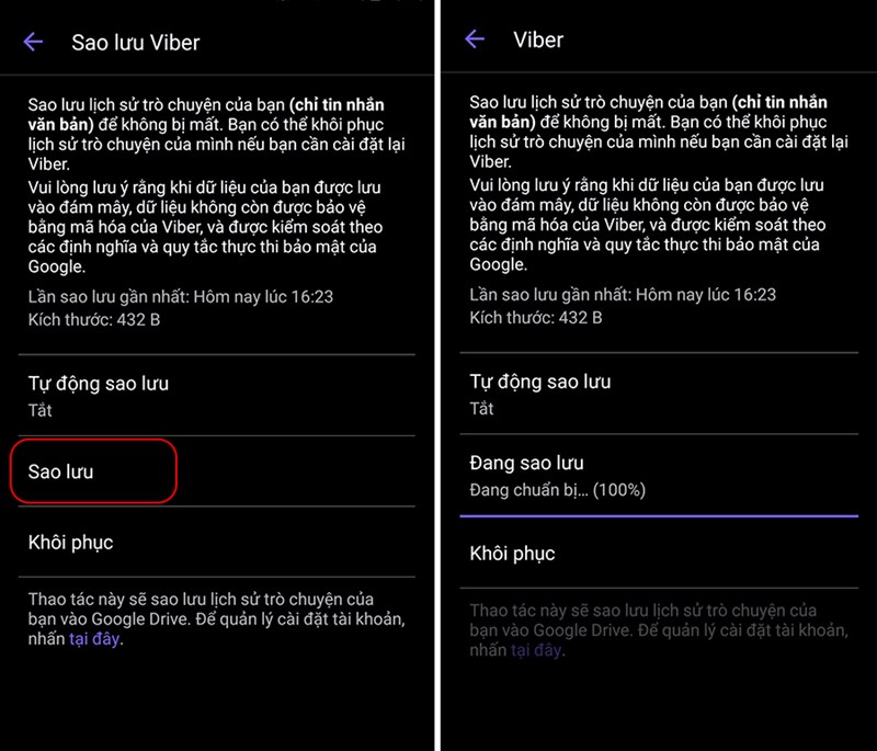 Bước 4: Bạn chọn Sao lưu để sao lưu tin nhắn Viber.