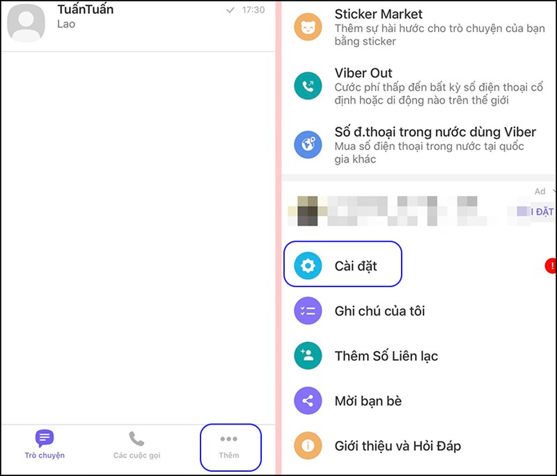 Bước 2: Mở ứng dụng Viber trên điện thoại, bạn hãy nhấn vào mục Thêm và chọn Cài đặt. 