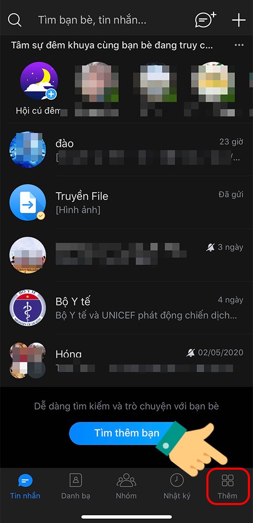 Truy cập ứng dụng zalo v&agrave; chọn Th&ecirc;m