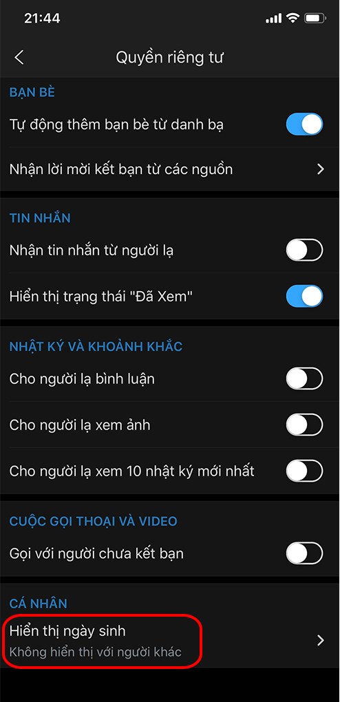 Chọn hiển thị th&ocirc;ng tin ng&agrave;y th&aacute;ng năm sinh