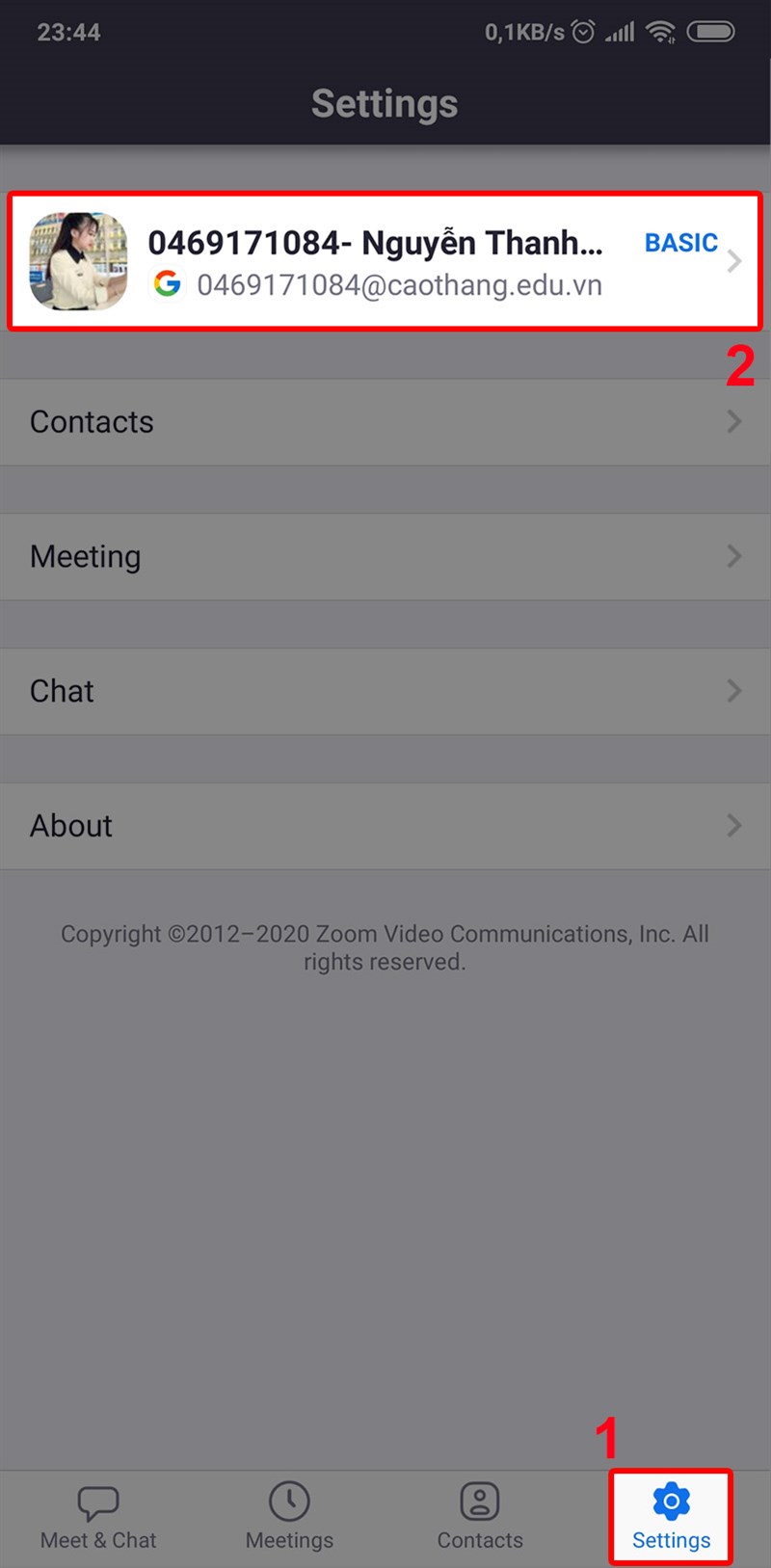 nhấn vào biểu tượng Settings