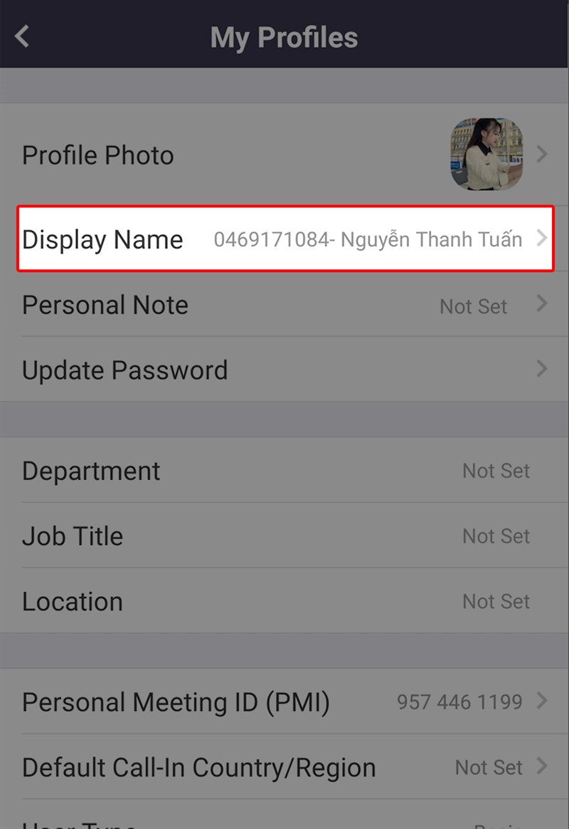 nhấn vào Display Name