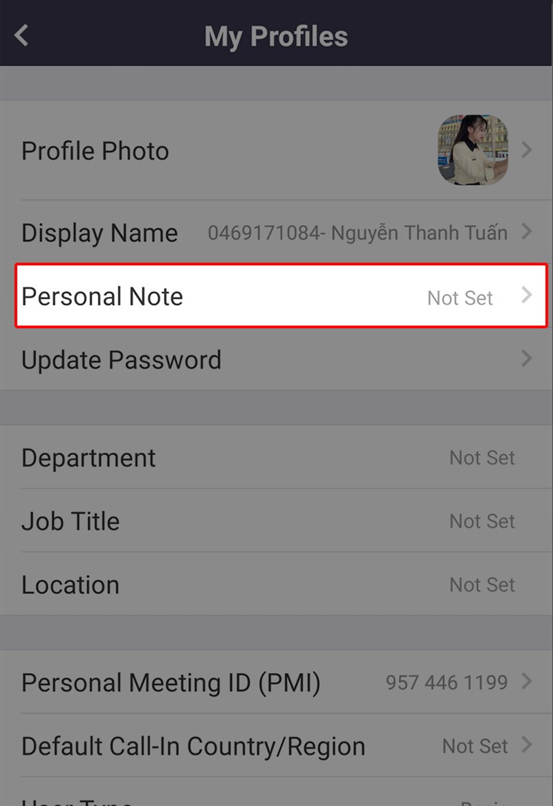 thêm ghi chú cá nhân bằng cách nhấn vào Personal Note