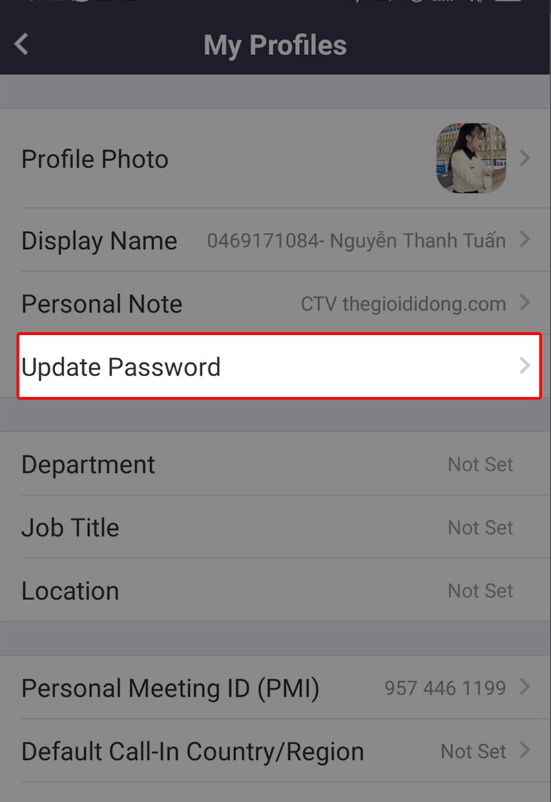 nhấn vào Update Password