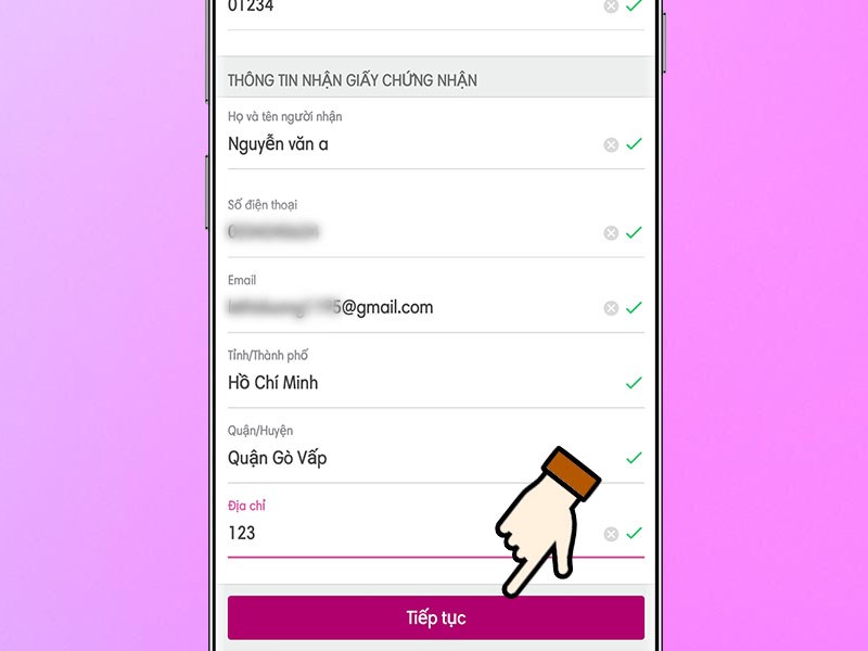 Điền th&ocirc;ng tin đăng k&yacute; mua bảo hiểm v&agrave; chọn v&agrave;o tiếp tục.