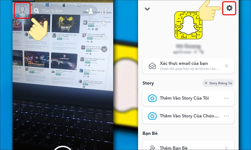 Mở Snapchat, bấm ảnh đại diện và chọn cài đặt