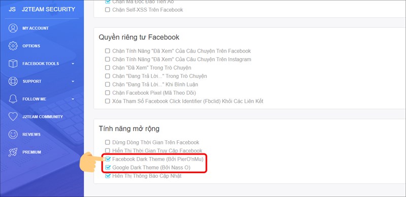 Tick v&agrave;o 2 mục Facebook Dark Theme v&agrave; Google Dark Theme