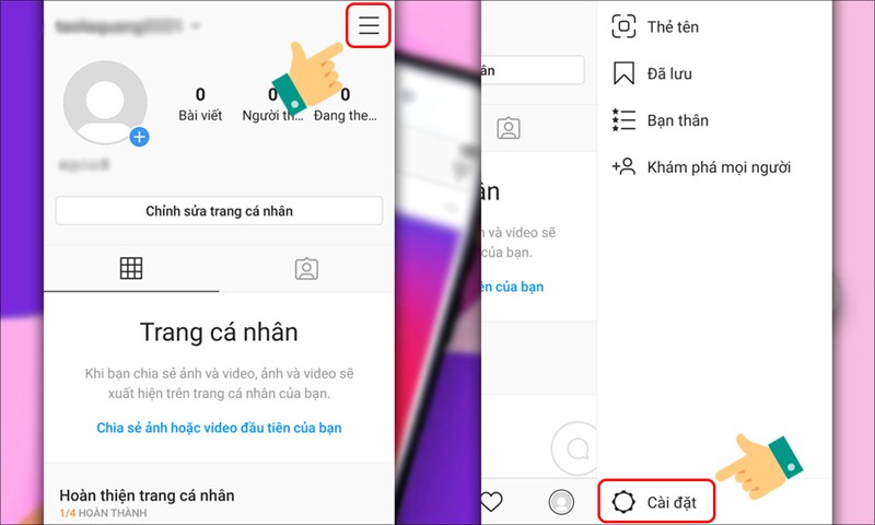 Vào trình Cài đặt trên ứng dụng