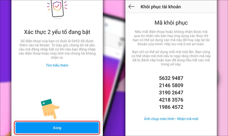 Hoàn tất và nhận thêm mã khôi phục