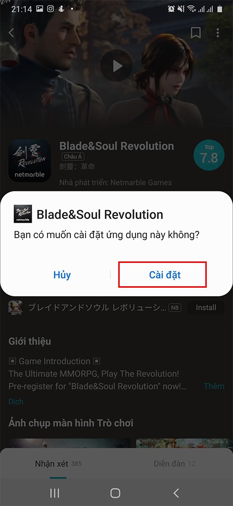 Cài đặt Blade&Soul Revolution. Bấm Cài đặt và chờ tiến trình cài đặt hoàn tất.