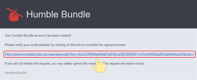 Nhấp vào link để xác thực tài khoản Humble Bundle