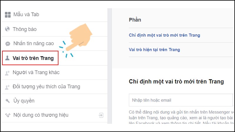 Nhấp chọn vào Vai trò trên trang ở cột phía bên trái.