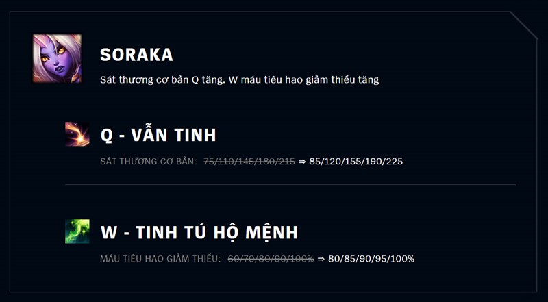 Sát thương cơ bản Q và máu tiêu hao giảm thiểu W của Soraka tăng