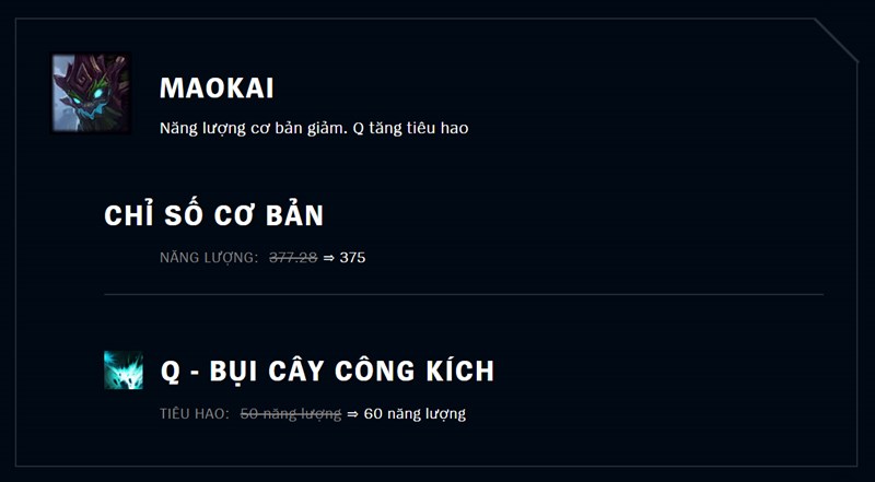 Năng lượng cơ bản giảm. Tăng tiêu hao Q của Maokai