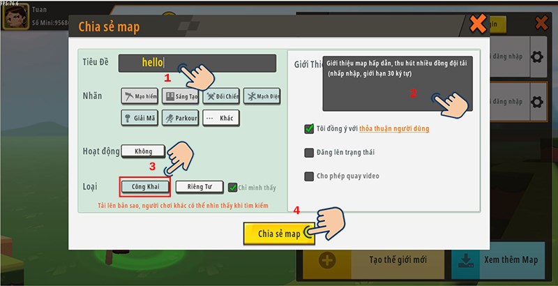 đặt tên tiêu đề và lời giới thiệu, sau đó chọn loại Công khai, Cuối cùng nhấn Chia sẻ map. 