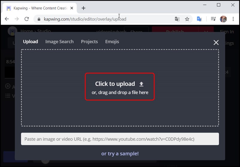 Nhấn vào Click to Upload