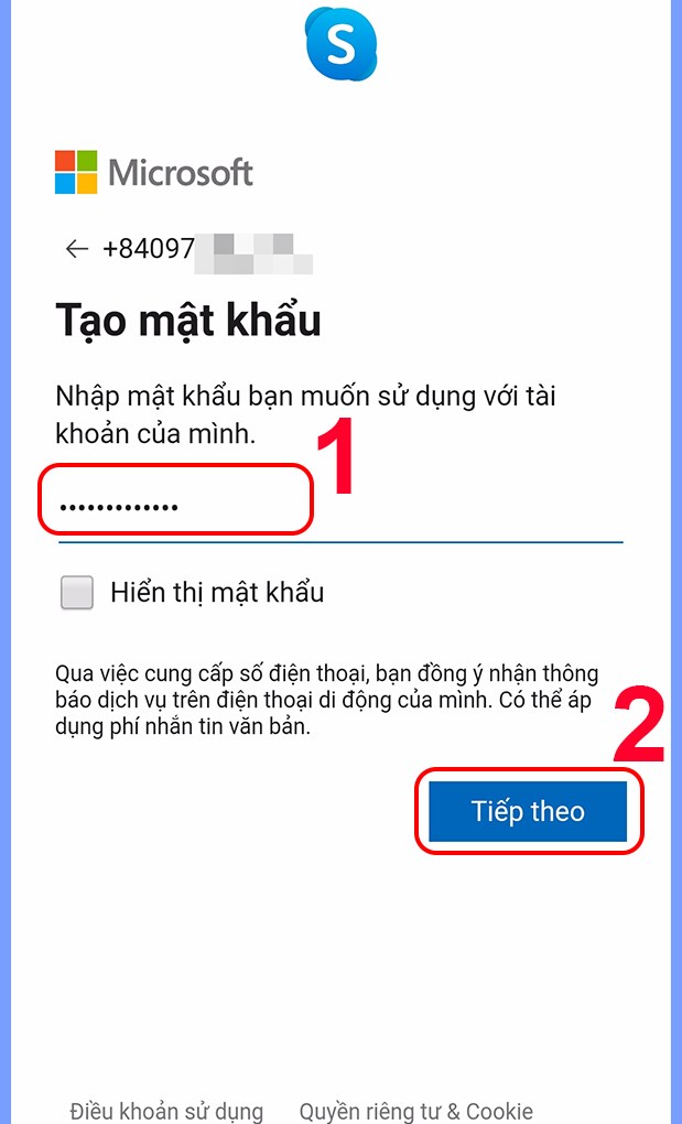 Tạo mật khẩu cho tài khoản Skype và nhấn Tiếp theo