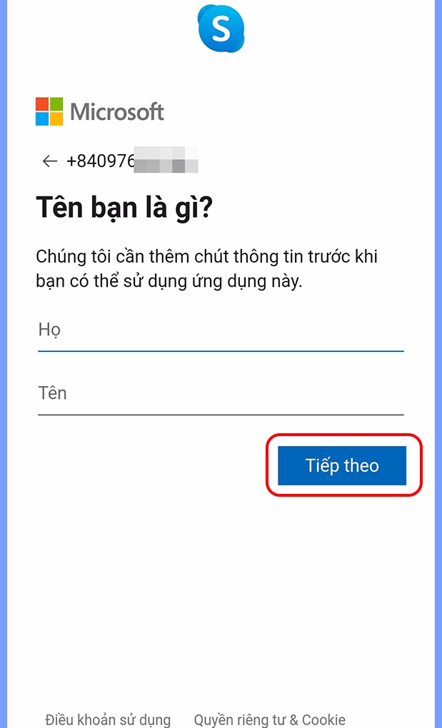 Nhập họ tên của bạn và nhấn Tiếp theo