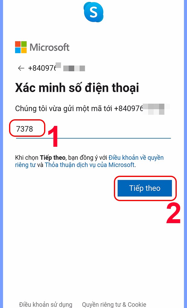 Nhập mã xác minh và nhấn Tiếp theo