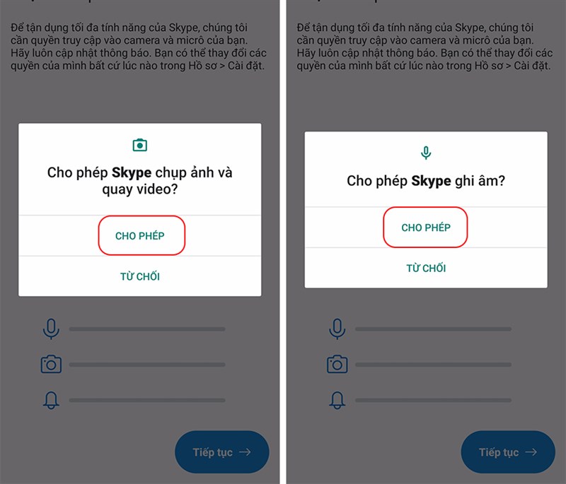 Cho phép Skype chụp ảnh, quay video và ghi âm