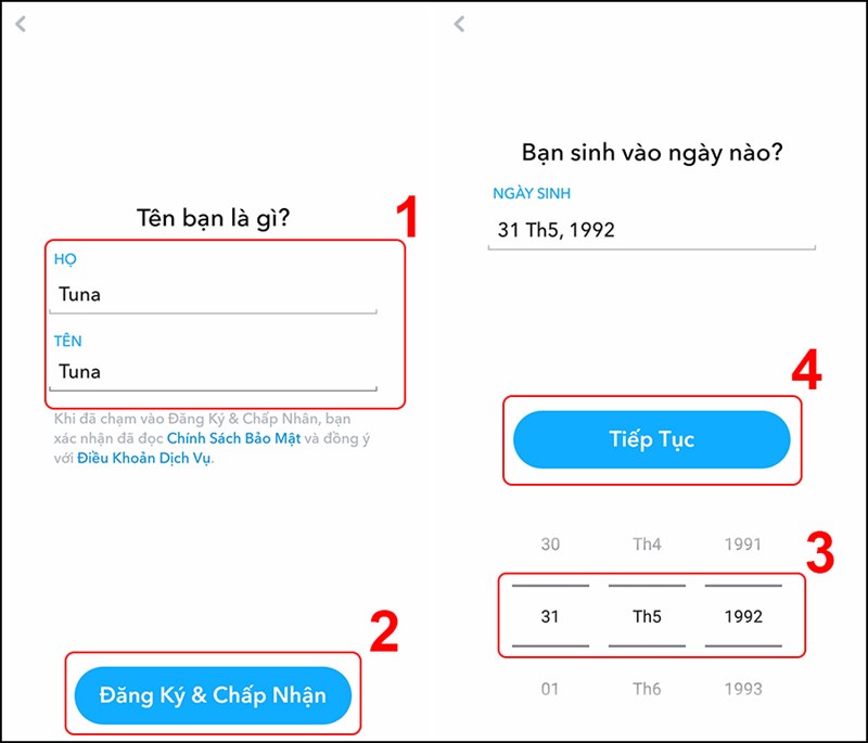 Nhập họ tên và ngày sinh