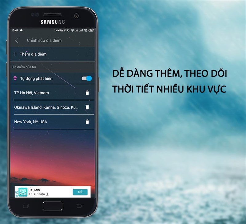 Dễ dàng thêm địa điểm và theo dõi thời tiết nhiều khu vực