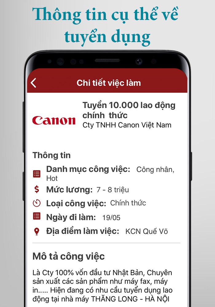 Mô tả thông tin chi tiết về công việc ứng tuyển như tên công ty, chế độ lương, thời gian làm việc