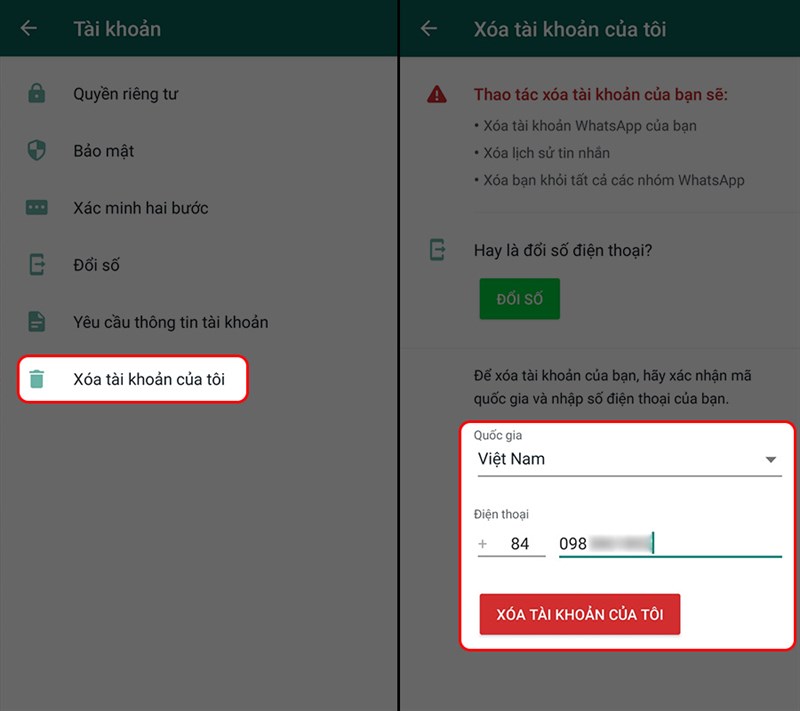 Điền số điện thoại v&agrave; x&aacute;c nhận x&oacute;a