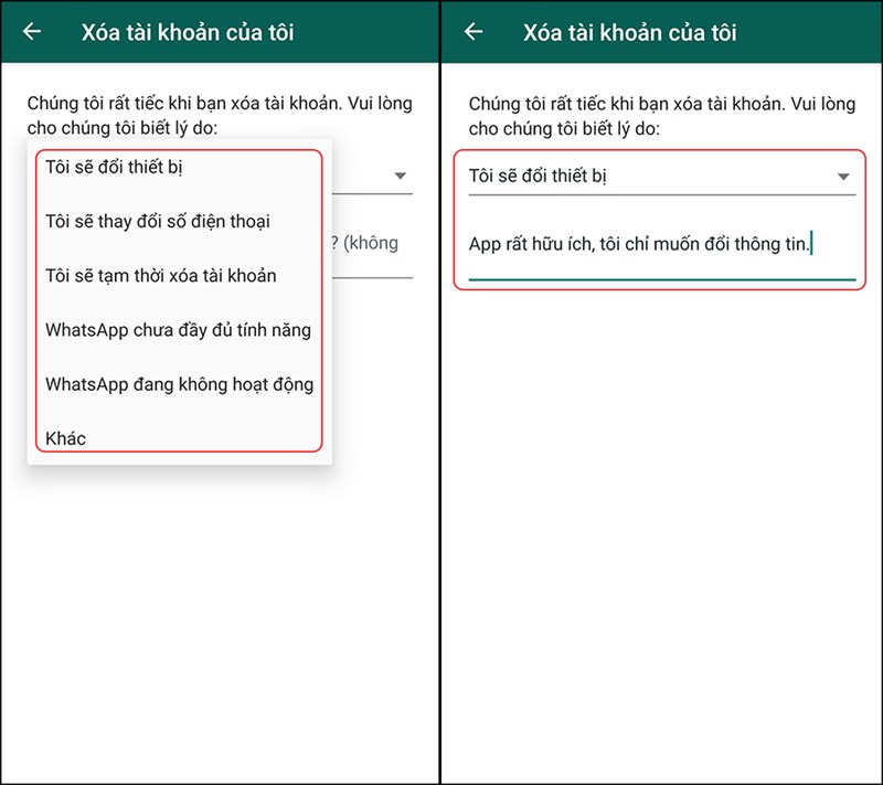 X&aacute;c nhận l&iacute; do x&oacute;a t&agrave;i khoản