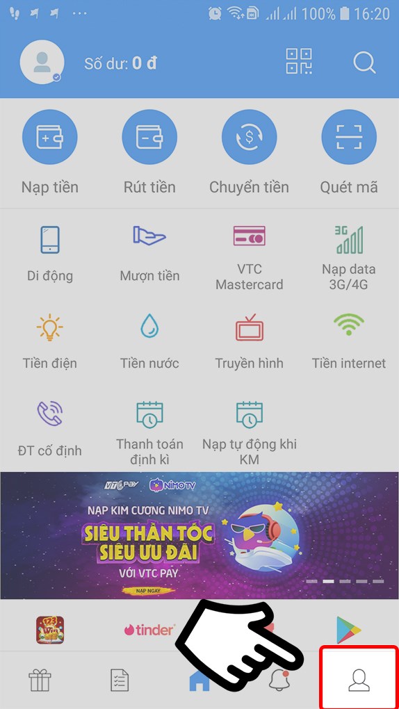 Mở ứng dụng VTC Pay, chọn biểu tượng c&aacute; nh&acirc;n