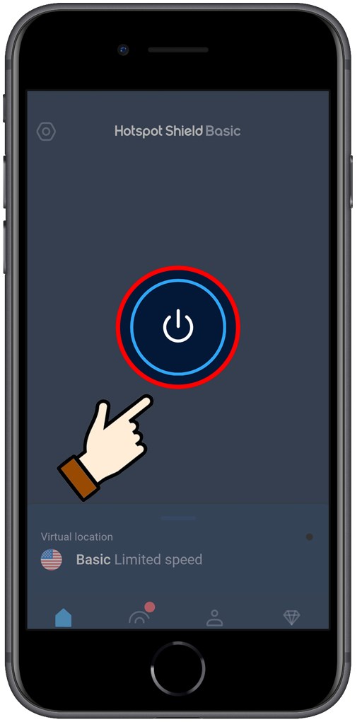 Nhấn nút nguồn chính giữa màn hình để bật kết nối IP VPN trên ứng dụng.