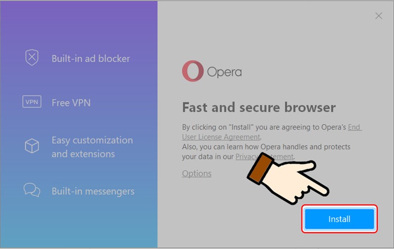 Chọn Install để cài đặt Oprera.