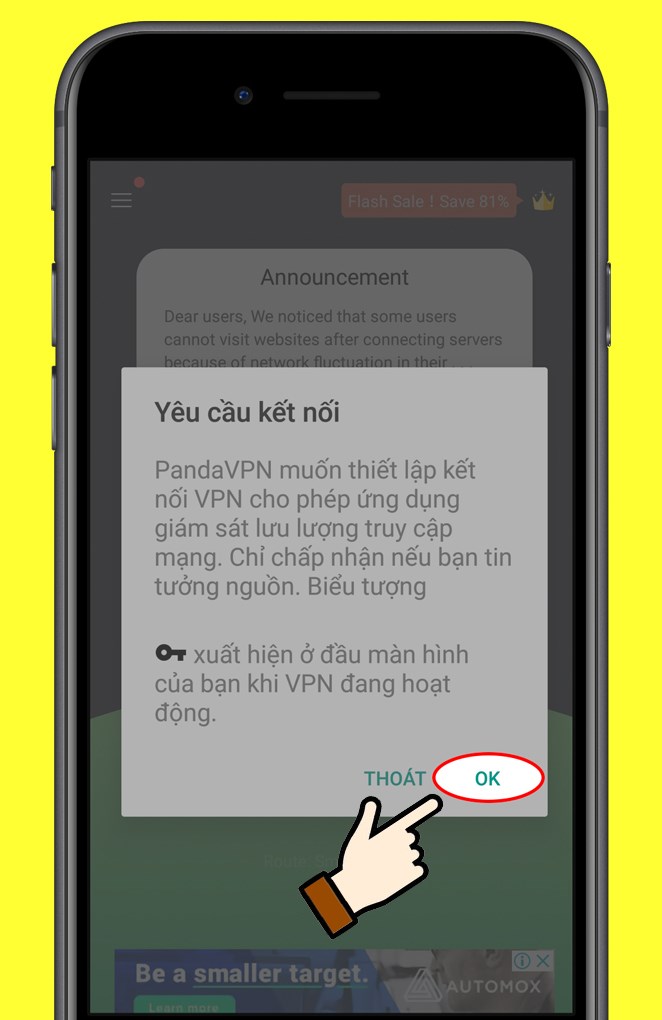 Nhấn Ok để cho phép ứng dụng giám sát lưu lượng truy cập mạng.
