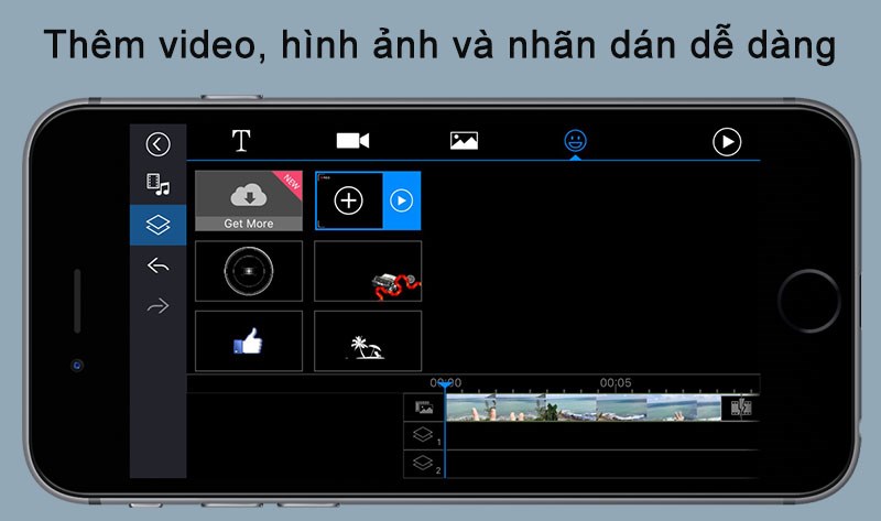 Dễ dàng chèn thêm video, hình ảnh, nhãn dán vào video đang chỉnh.