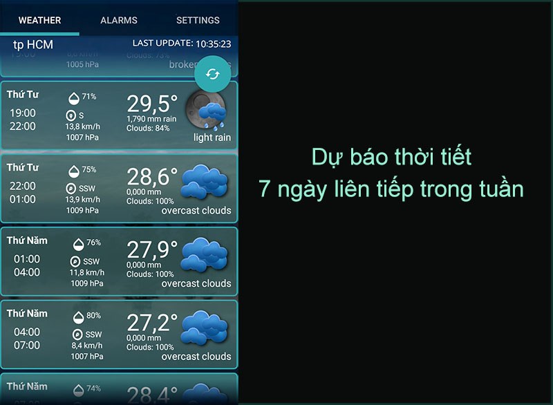 dự báo thời tiết của 7 ngày liên tiếp trong tuần trên ứng dụng Custom Weather Alerts