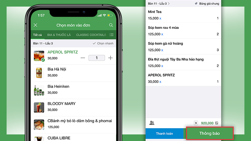 Thao tác đặt món nhanh chóng dễ dàng