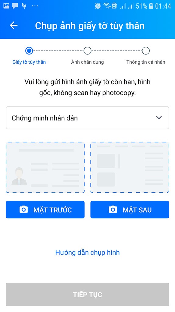 Chụp mặt trước mặt sau của ứng chứng CMND