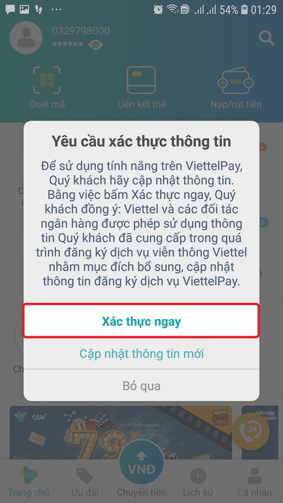 chọn "Xác thực ngay"