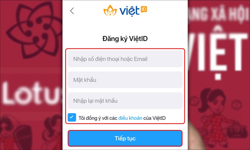 Nhập số điện thoại hoặc Email, Mật khẩu v&agrave; Nhập lại mật khẩu