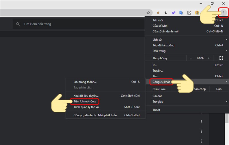 Vào Công cụ khác, chọn đến Tiện ích mở rộng